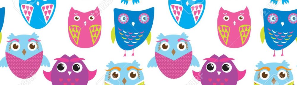 Seamless vector pattern with cartoon doodle owls. Cute birds background. Bright color owls on white background. Nice design for kids.